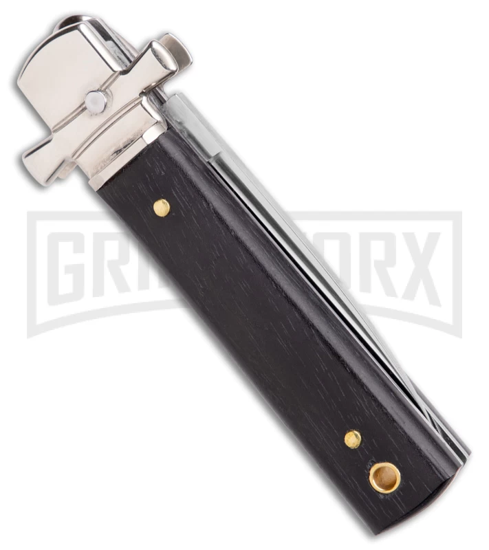 AGA 6" Lever Lock Ebony Wood Automatic Knife W/Cross Bolsters - Polish Plain 5 AGA 6" Lever Lock Ebony Wood Automatic Knife W/Cross Bolsters - Polish Plain - Image 3
