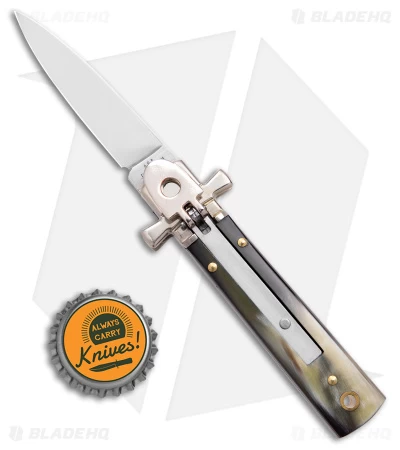 AGA 6" Lever Lock Automatic Italian Knife Horn W/Cross Bolsters (2.5" Satin) 6 AGA 6" Lever Lock Automatic Italian Knife Horn W/Cross Bolsters (2.5" Satin) - Image 4