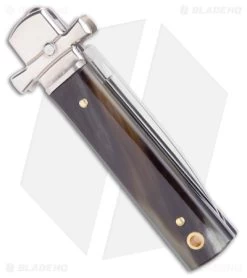 AGA 6" Lever Lock Automatic Italian Knife Horn W/Cross Bolsters (2.5" Satin) 8 AGA 6" Lever Lock Automatic Italian Knife Horn W/Cross Bolsters (2.5" Satin) -Professional Knife Discount Store AGA 6in LL Horn Auto Cross Bolsters Satin BHQ 177246 jr side