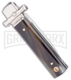 AGA 6" Lever Lock Horn Automatic Knife W/Cross Bolsters - Satin Plain -Professional Knife Discount Store AGA 6in LL Horn Auto Cross Bolsters Satin BHQ 177246 jr side large