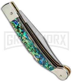 AGA Campolin Sahara Abalone Italian Stiletto Automatic Knife - Mirror Plain -Professional Knife Discount Store AGA Camplin 9in Sahara Italian Stiletto LB Auto Abalone Mirror BHQ 90702 jr side large