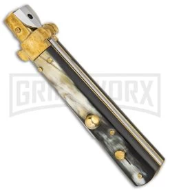 AGA Campolin 10" Brass/Dark Horn Italian Frosolone Automatic Knife - Bayonet 8 AGA Campolin 10" Brass/Dark Horn Italian Frosolone Automatic Knife - Bayonet -Professional Knife Discount Store AGA Campolin 10in Brass Dark Horn Italian Frosolone Bayonet BP 29647 er spine large
