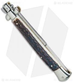 AGA Campolin 11" Picklock Automatic Italian Stiletto Stag (5" Satin) 2017 -Professional Knife Discount Store AGA Campolin 11in Picklock Italian Stiletto Stag Horn Satin BHQ 78222 jr side