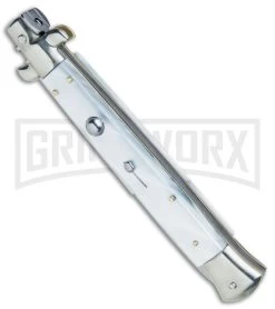 AGA Campolin 11" 2017 Italian Picklock Pearlex Automatic Knife - Bayonet -Professional Knife Discount Store AGA Campolin 11in Picklock Italian Stiletto White Pearl Satin BHQ 78228 jr spine large