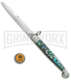 A.G.A. Campolin 9" Abalone Sicilian Ring Pull Automatic Knife - Bayonet -Professional Knife Discount Store AGA Campolin 12in Sicilian Lever Lock Ring Pull Abalone Bayonet BP 27798 jr bottlecap large