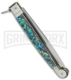 A.G.A. Campolin 9" Abalone Sicilian Ring Pull Automatic Knife - Bayonet -Professional Knife Discount Store AGA Campolin 12in Sicilian Lever Lock Ring Pull Abalone Bayonet BP 27798 jr side large