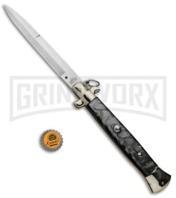 A.G.A. Campolin 18" Italian Stiletto Gray Ring Pull Automatic Knife - Bayo Satin -Professional Knife Discount Store AGA Campolin 18in Italian Stiletto Silver Ring Pull Bayo BP 30462 jr bottlecap large