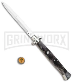 A.G.A. Campolin 18" Dark Horn Italian Stiletto Auto Knife - Bayonet -Professional Knife Discount Store AGA Campolin 18in Stiletto Dark Horn Satin Bayo BHQ 104096 jr bottlecap large