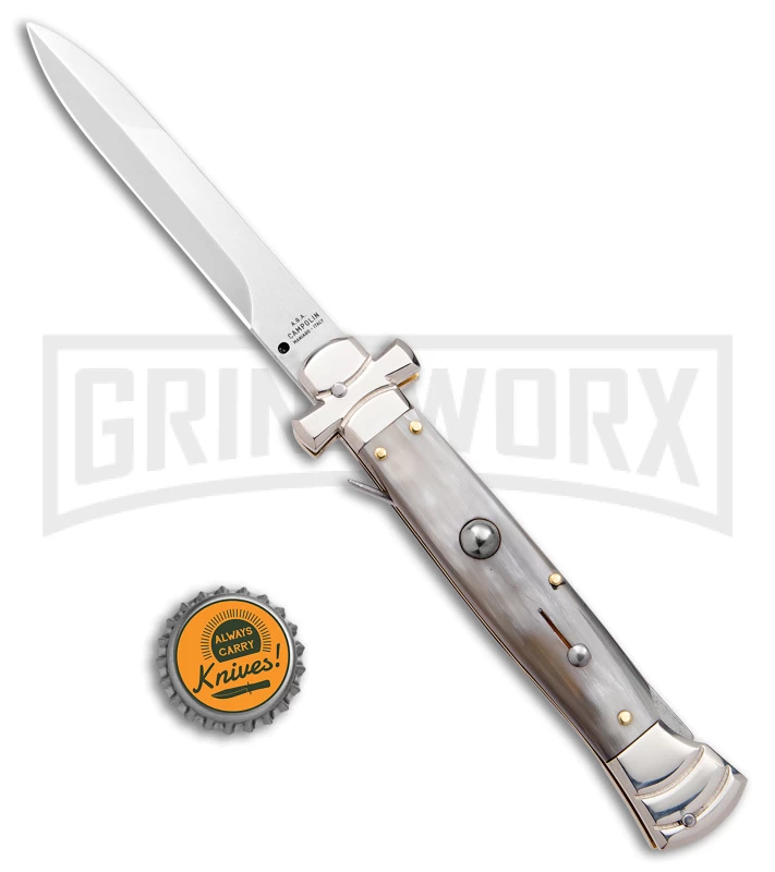 AGA Campolin 9" Maltese Cross Stiletto Horn Automatic Knife - Bayo Satin Plain 6 AGA Campolin 9" Maltese Cross Stiletto Horn Automatic Knife - Bayo Satin Plain - Image 4