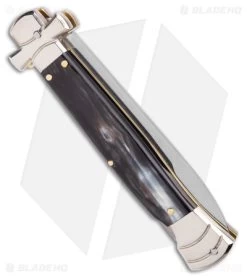 AGA Campolin 9" Maltese Cross Stiletto Automatic Knife Horn (4" Satin Bayo) 8 AGA Campolin 9" Maltese Cross Stiletto Automatic Knife Horn (4" Satin Bayo) -Professional Knife Discount Store AGA Campolin 9in Maltese Cross Stiletto Auto Horn Bayo BHQ 177244 jr side