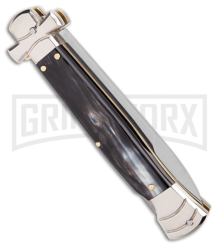 AGA Campolin 9" Maltese Cross Stiletto Horn Automatic Knife - Bayo Satin Plain 5 AGA Campolin 9" Maltese Cross Stiletto Horn Automatic Knife - Bayo Satin Plain - Image 3