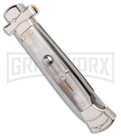 AGA Campolin 9" Maltese Cross Stiletto Horn Automatic Knife - Bayo Satin Plain 7 AGA Campolin 9" Maltese Cross Stiletto Horn Automatic Knife - Bayo Satin Plain -Professional Knife Discount Store AGA Campolin 9in Maltese Cross Stiletto Auto Horn Bayo BHQ 177244 jr spine large