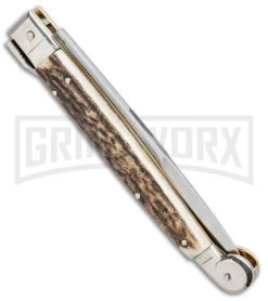 A.G.A. Campolin 9" Sicilian Stag Picklock Auto Sillito Knife - Bayonet -Professional Knife Discount Store AGA Campolin 9in Sicilian Picklock Auto Stag Horn Satin Bayo BHQ 81940 jr side large