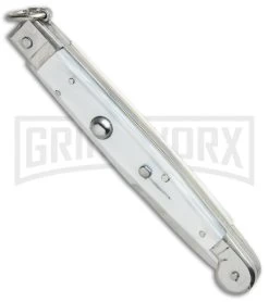 A.G.A. Campolin 9" Sicilian Ring Pull White Pearlex Automatic Knife - Bayonet -Professional Knife Discount Store AGA Campolin 9in Sicilian White Pearlex Ring Pull Bayo BP 19445 jr spine large