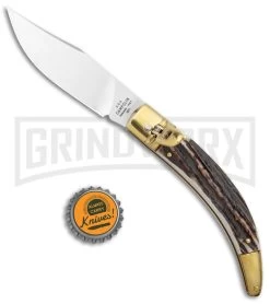 AGA Campolin Diana Stag Horn Lever Lock Automatic Brass - 3.75" Satin -Professional Knife Discount Store AGA Campolin Diana LL Auto Brass Stag Horn Satin BHQ 135442 jr bottlecap large