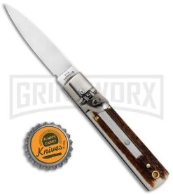 AGA 6" Mini Classic Lever Lock Stag Automatic Knife - Satin Plain 9 AGA 6" Mini Classic Lever Lock Stag Automatic Knife - Satin Plain -Professional Knife Discount Store AGA Classic 6in LL Auto Italian Stag Satin GX 36958 jr bottlecap large