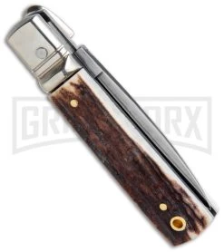 AGA 6" Mini Classic Lever Lock Stag Automatic Knife - Satin Plain 8 AGA 6" Mini Classic Lever Lock Stag Automatic Knife - Satin Plain -Professional Knife Discount Store AGA Classic 6in LL Auto Italian Stag Satin GX 36958 jr side large