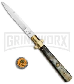 AGA Campolin 11" Frosolone Brazilian Horn/Brass Stiletto Automatic - Bayonet -Professional Knife Discount Store AGA Frosolone Brazilian Brass 11in Bayo BP 29290 jr bottlecap large