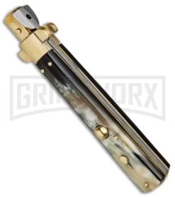 AGA Campolin 11" Frosolone Brazilian Horn/Brass Stiletto Automatic - Bayonet -Professional Knife Discount Store AGA Frosolone Brazilian Brass 11in Bayo BP 29290 jr spine large