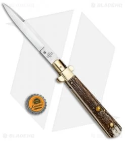 AGA Campolin 11" Frosolone Bayonet Stiletto Auto Knife Stag/Brass (5" Satin) 11 AGA Campolin 11" Frosolone Bayonet Stiletto Auto Knife Stag/Brass (5" Satin) -Professional Knife Discount Store AGA Frosolone Stag Brass 11in Bayo BP 29297 jr bottlecap