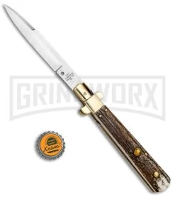 AGA Campolin 11" Frosolone Stag/Brass Stiletto Automatic Knife - Bayonet -Professional Knife Discount Store AGA Frosolone Stag Brass 11in Bayo BP 29297 jr bottlecap large