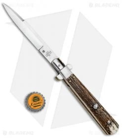 AGA Campolin 11" Frosolone Bayonet Stiletto Automatic Knife Stag (5" Satin) -Professional Knife Discount Store AGA Frosolone Stag Nickel 11in Bayo BP 29296 jr bottlecap