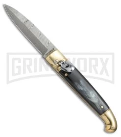 AGA Campolin Dark Horn Brass Lever Lock Automatic Knife - Damascus Plain