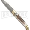 AGA Campolin Stag Horn Brass Lever Lock Automatic Knife - Damascus Plain -Professional Knife Discount Store AGA Lever Brass Damascus Stag BP 18727 jr large