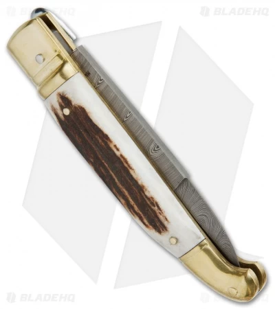 AGA Campolin Brass Lever Lock Automatic Knife Stag Horn (3.75" Damascus) 4 AGA Campolin Brass Lever Lock Automatic Knife Stag Horn (3.75" Damascus) - Image 2