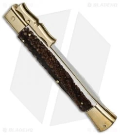 AGA Campolin 13" Bat Swinguard Automatic Knife Brass/Stag Horn (5.75" Dagger) -Professional Knife Discount Store aga 13in bat swing brass stag dagger side cm