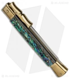 AGA Campolin 13" Bat Swinguard Automatic Brass/Abalone (5.75" Satin Dagger) -Professional Knife Discount Store aga 13in swing bat abalone dagger br side cm