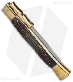 AGA Campolin 13" Bat Swinguard Automatic Brass/Stag Horn (5.75" Satin Bayonet) -Professional Knife Discount Store aga 13in swing bat stag bayo brass side cm