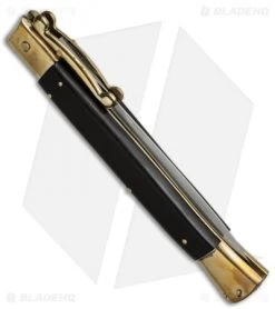 AGA Campolin 13" Swinguard Automatic Knife Brass/Ebony Wood (5.75" Satin Dagger) -Professional Knife Discount Store aga 13in swing brass ebony dagger side cm