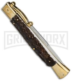 AGA Campolin 13" Stiletto Brass Swinguard Stag Horn Automatic Knife - Bayonet -Professional Knife Discount Store aga 13in swing stag bayo brass side cm large