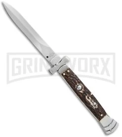 A.G.A. Campolin 9" Maltese Cross Stiletto Stag Automatic Knife - Dagger