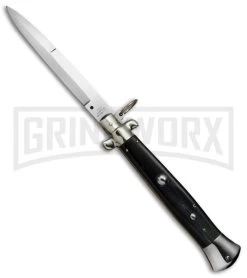 A.G.A. Campolin 15" Italian Stiletto Dark Horn Ring Pull Automatic Knife - Bayo