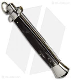 AGA Campolin 15" Ring Pull Automatic Italian Stiletto Dark Horn (7" Satin Bayo) -Professional Knife Discount Store aga campolin stilleto 15in dark horn bayo pull ring BP 5028 dl side