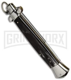 A.G.A. Campolin 15" Italian Stiletto Dark Horn Ring Pull Automatic Knife - Bayo -Professional Knife Discount Store aga campolin stilleto 15in dark horn bayo pull ring BP 5028 dl side large