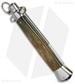 AGA Campolin 15" Ring Pull Automatic Italian Stiletto Honey Horn (7" Satin Bayo) -Professional Knife Discount Store aga campolin stilleto 15in honey horn bayo pull ring BP 5029 dl side