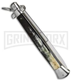 A.G.A. Campolin 18" Italian Stiletto Brazilian Horn Ring Pull Auto Knife - Bayo -Professional Knife Discount Store aga champolin 18in stiletto brazilian horn bayo BP 18398 er side large