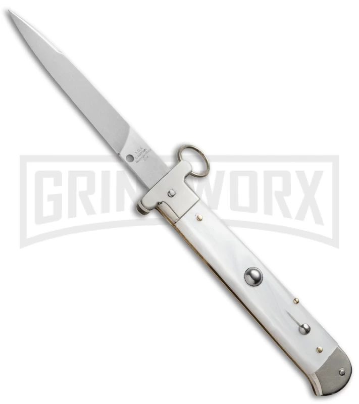 AGA Campolin 9" Francese Ring Pull White Pearlex Automatic Knife - Flat 3 AGA Campolin 9" Francese Ring Pull White Pearlex Automatic Knife - Flat