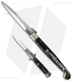 AGA Campolin 12" Sicilian Ring Pull Automatic Knife Dark Horn (5.5" Satin Bayo) -Professional Knife Discount Store ltd sicilian ring dark bayo 6in dark horn stiletto flat sizes