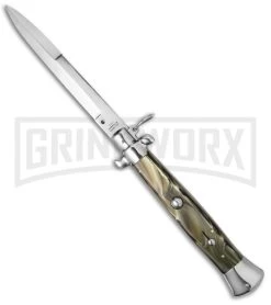 AGA Campolin 15" Italian Stiletto Olive Brown Swirl Ring Pull Knife - Bayonet